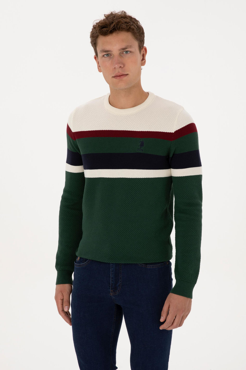 Erkek Slim Fit Bisiklet Yaka Koyu Ye_il Kazak