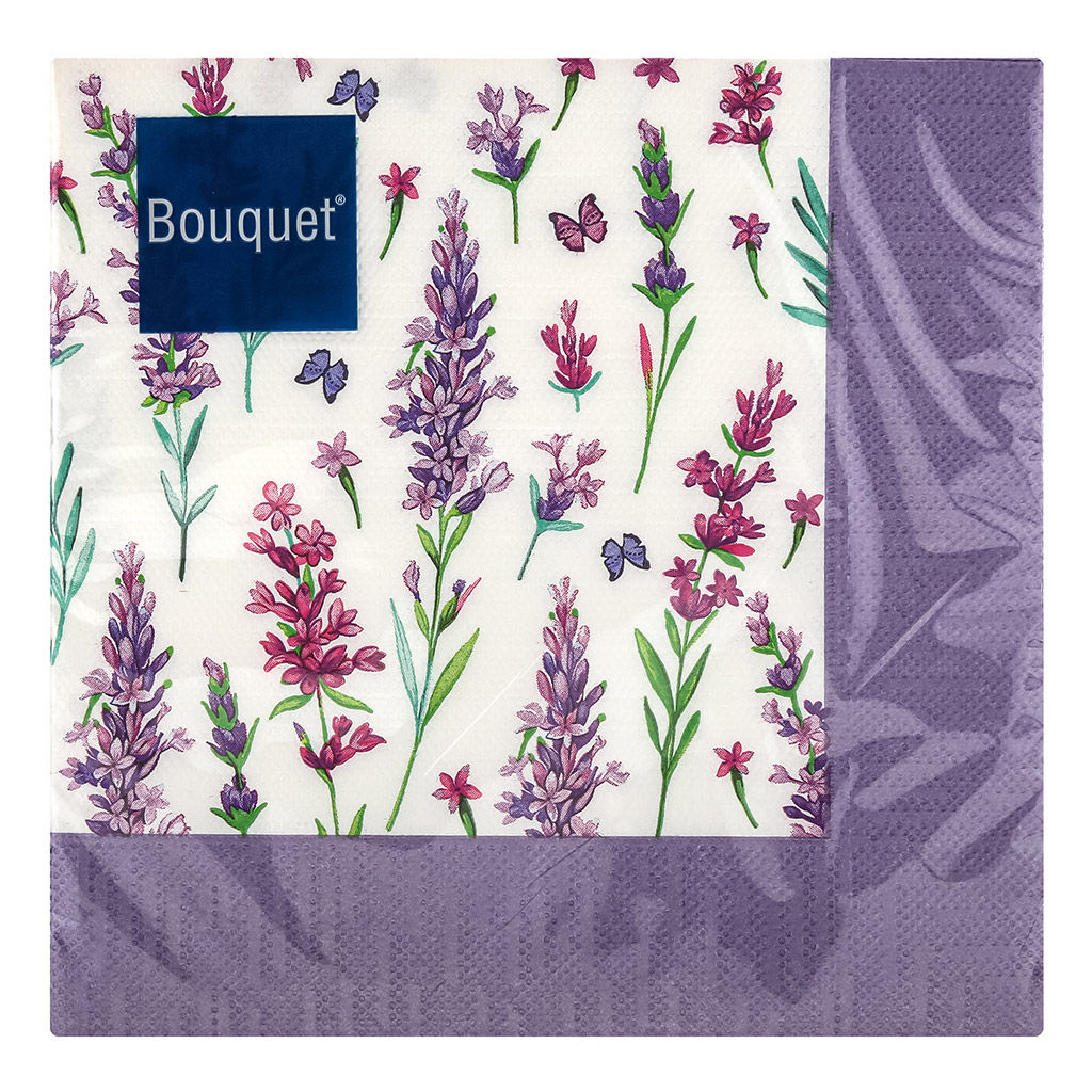 Салфетки бумажные Art Bouquet 33х33см, 3-х слойные, 20 штук в упаковке, 100% целлюлоза, Скатерть с лавандой (Россия)  фото 2