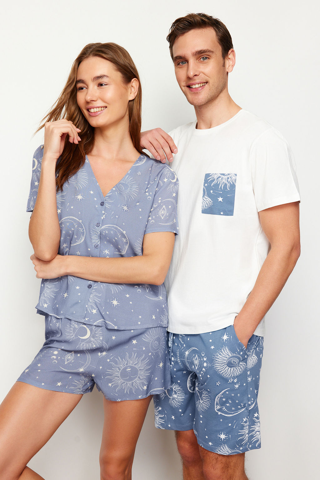 TRENDYOL MAN Ekru Mavi Bask?l? Regular Fit Couple/Cift Orme Sortlu Pijama Tak?m? TMNSS24PT00018 - Trendyolmilla фото 6