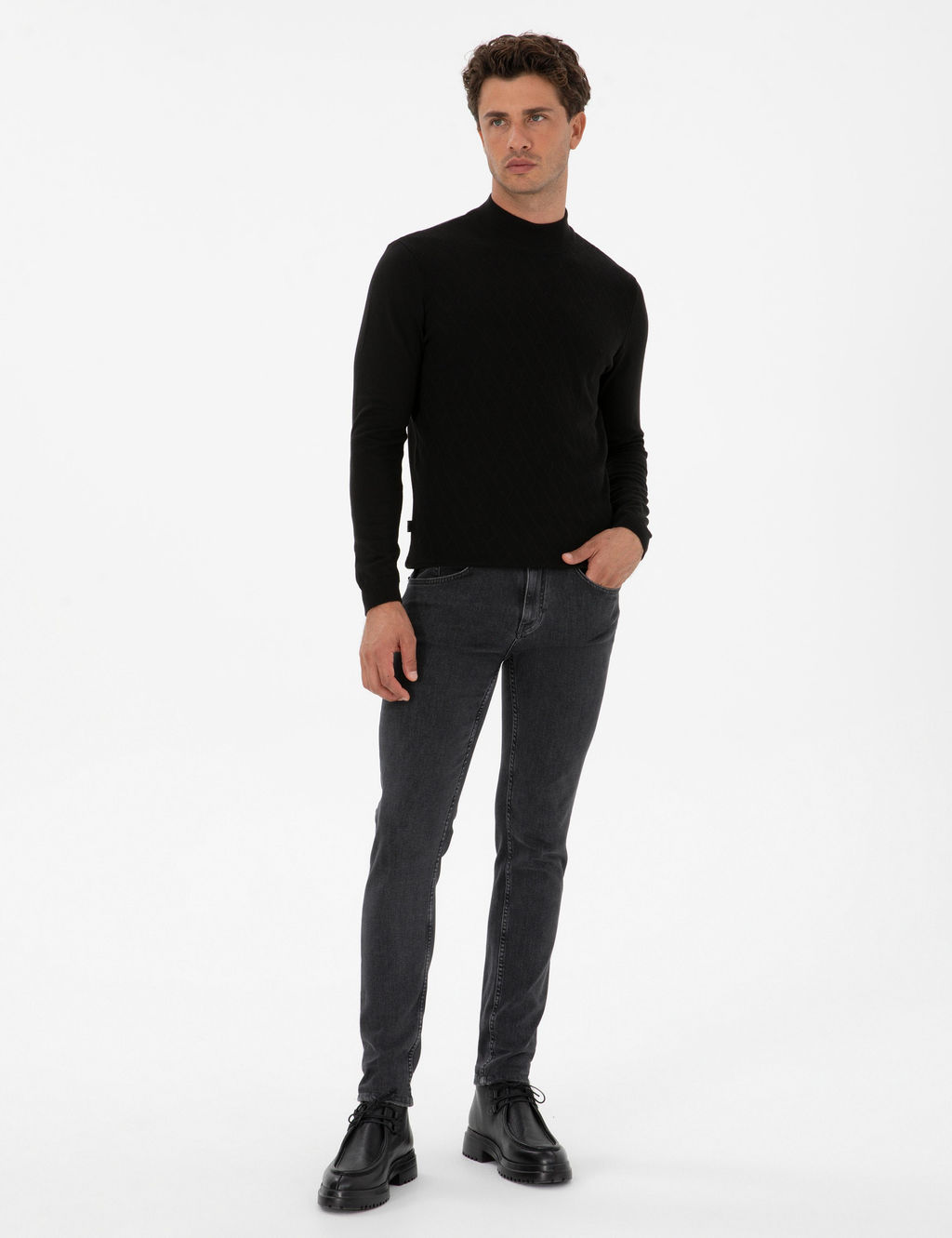 Siyah Slim Fit Yar_m Bal_k__ Yaka Triko Kazak - Pierre cardin фото 4