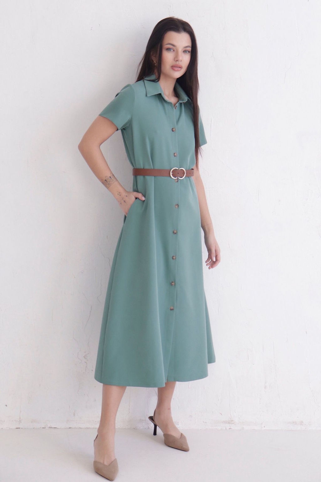 Платье-рубашка удлинённое в пыльном зелёном - Martichelli фото 5
