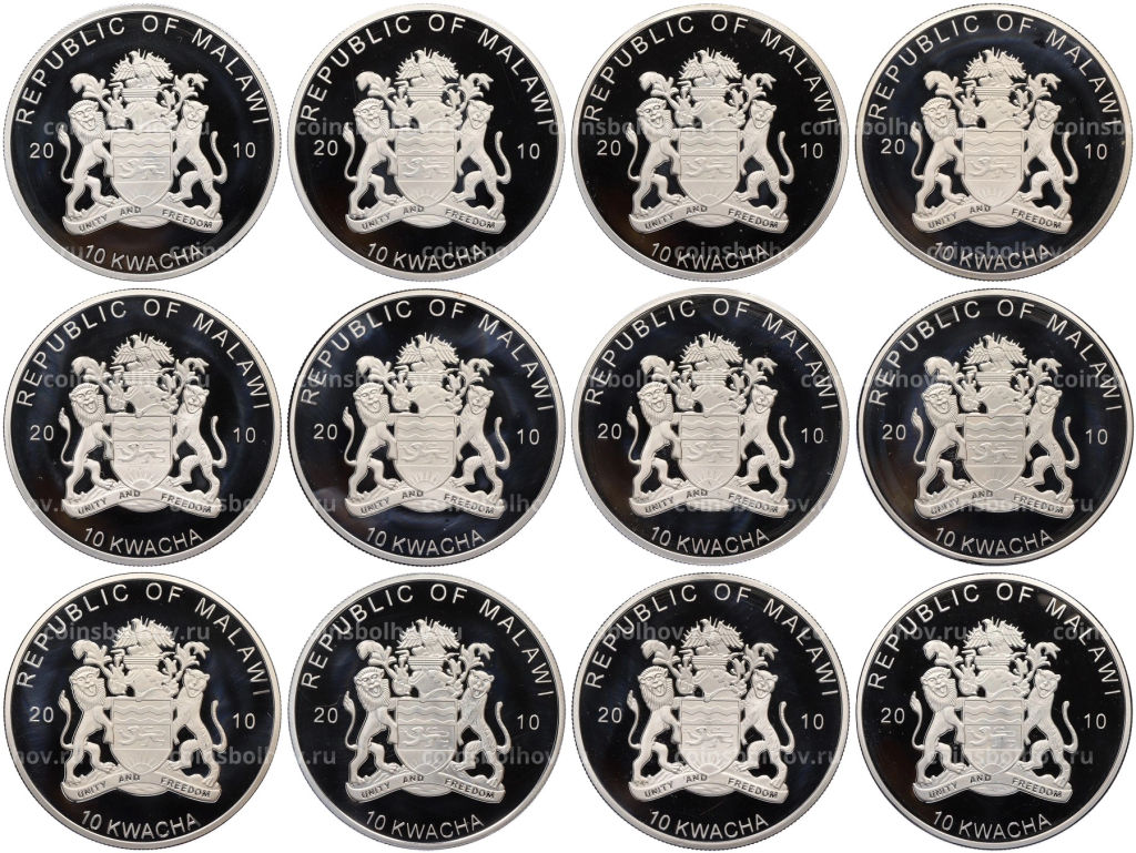 Набор из 12 монет 10 квача 2010 года Малави Хищные птицы