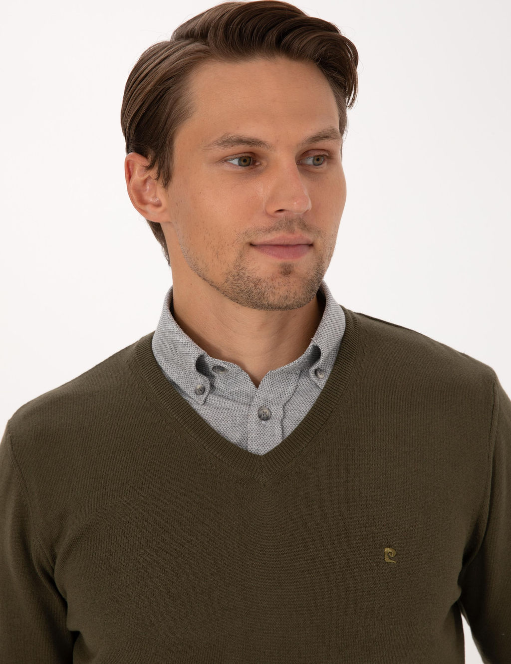 Koyu Haki Slim Fit V Yaka Basic Triko Kazak - Pierre cardin фото 2