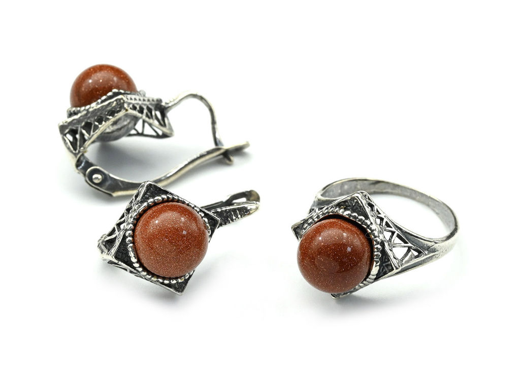 Кольцо Серьги с авантюрином имитация размер 18