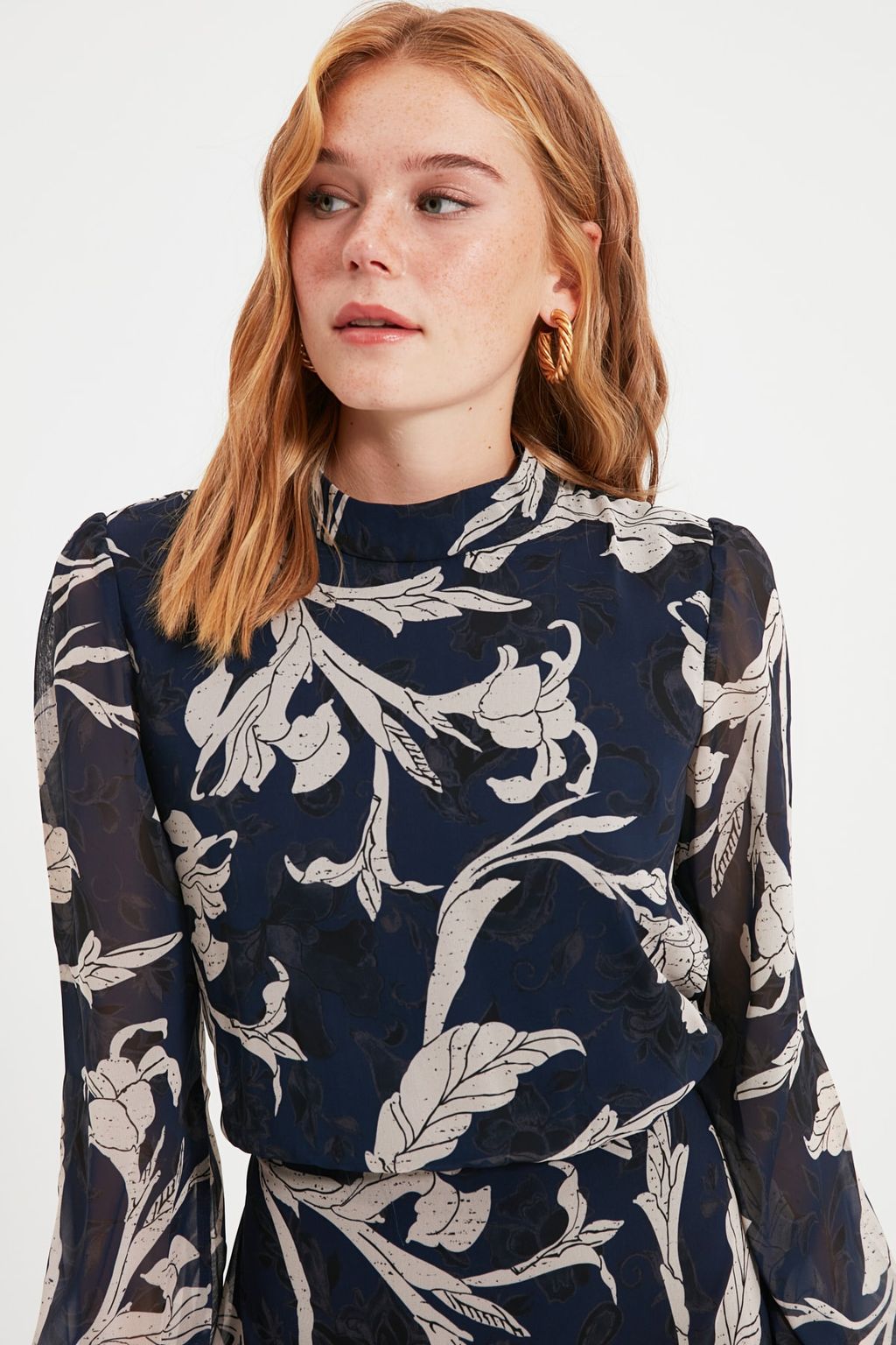 TRENDYOLMILLA Siyah-Cok Renkli Cicekli Skater F?rf?r Midi Dokuma K?sl?k Elbise TWOAW21EL0354 фото 7