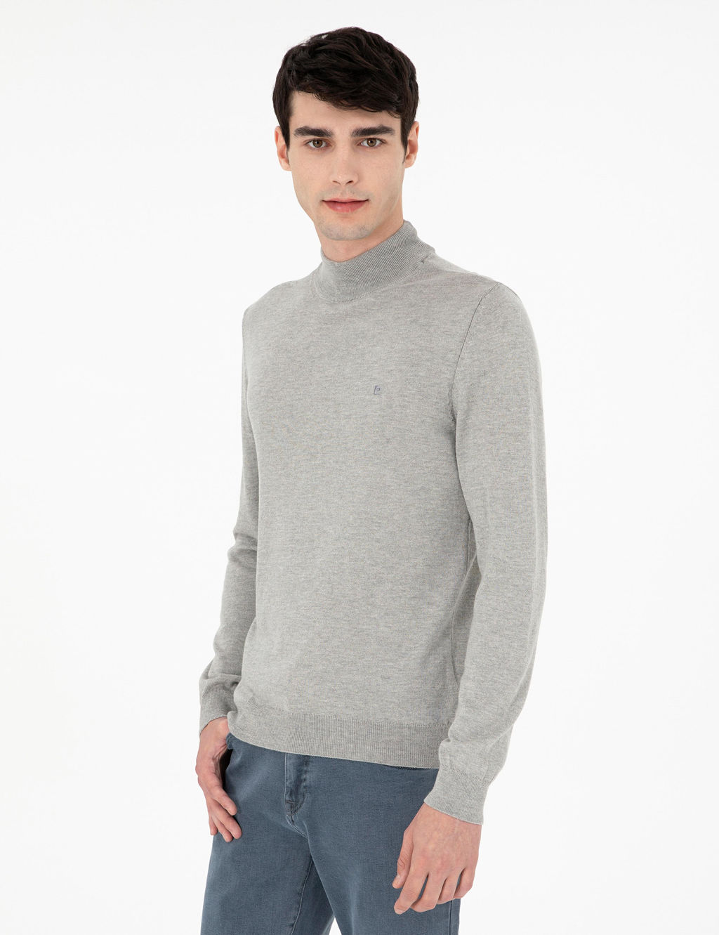 A__k Gri Melanj Slim Fit Yar_m Bal_k__ Yaka Basic Triko Kazak