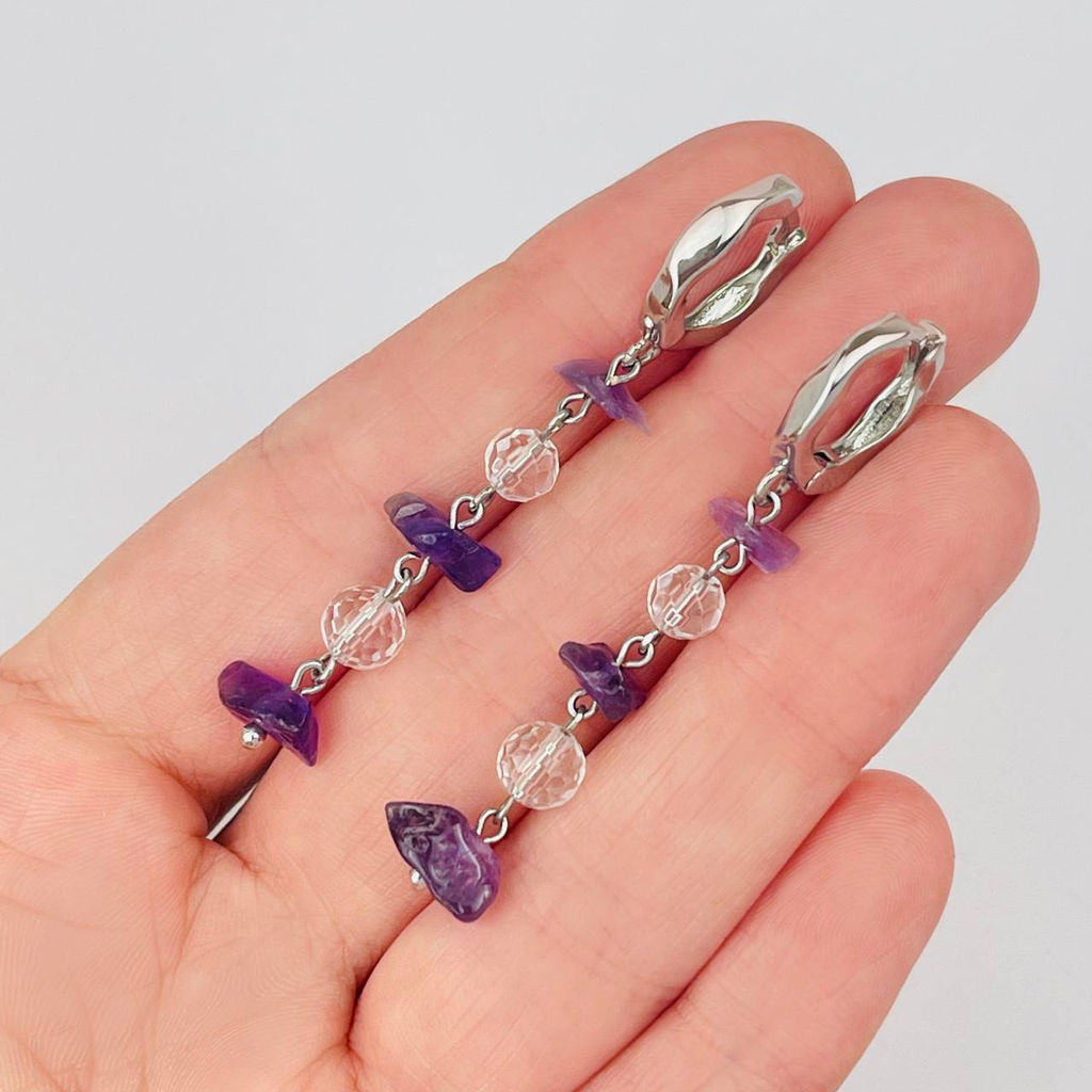 Серьги длинные из Аметиста и Горного Хрусталя