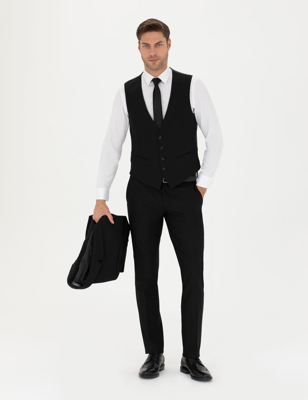 Siyah Slim Fit Yelekli Tak_m Elbise