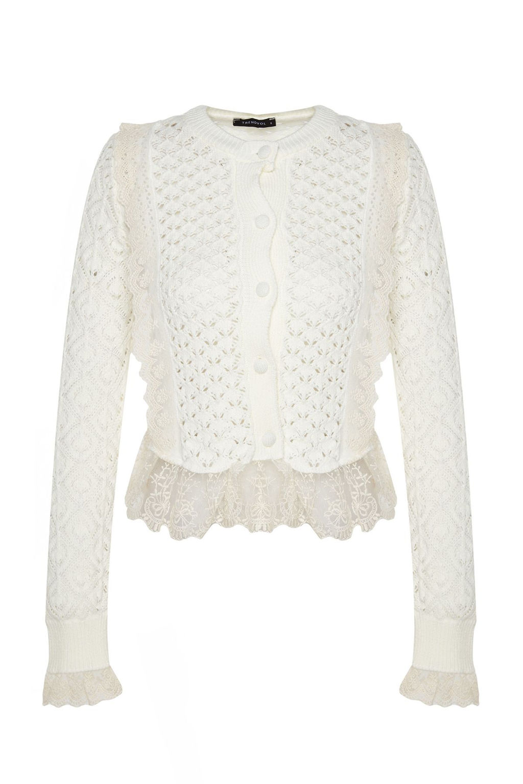 Ekru Crop Dantel Garnili Ajurlu/Delikli Triko H?rka TWOAW24KZ01059