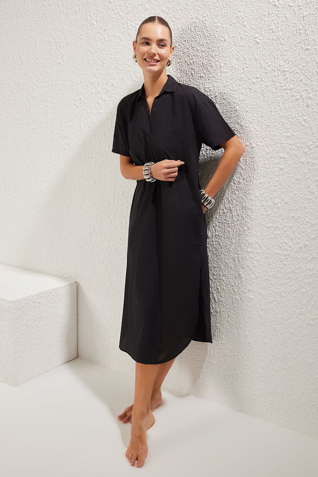 TRENDYOLMILLA Cicek Desenli Midi Dokuma %100 Pamuk Y?rtmacl? Plaj Elbisesi TBESS25EL00050  фото 13