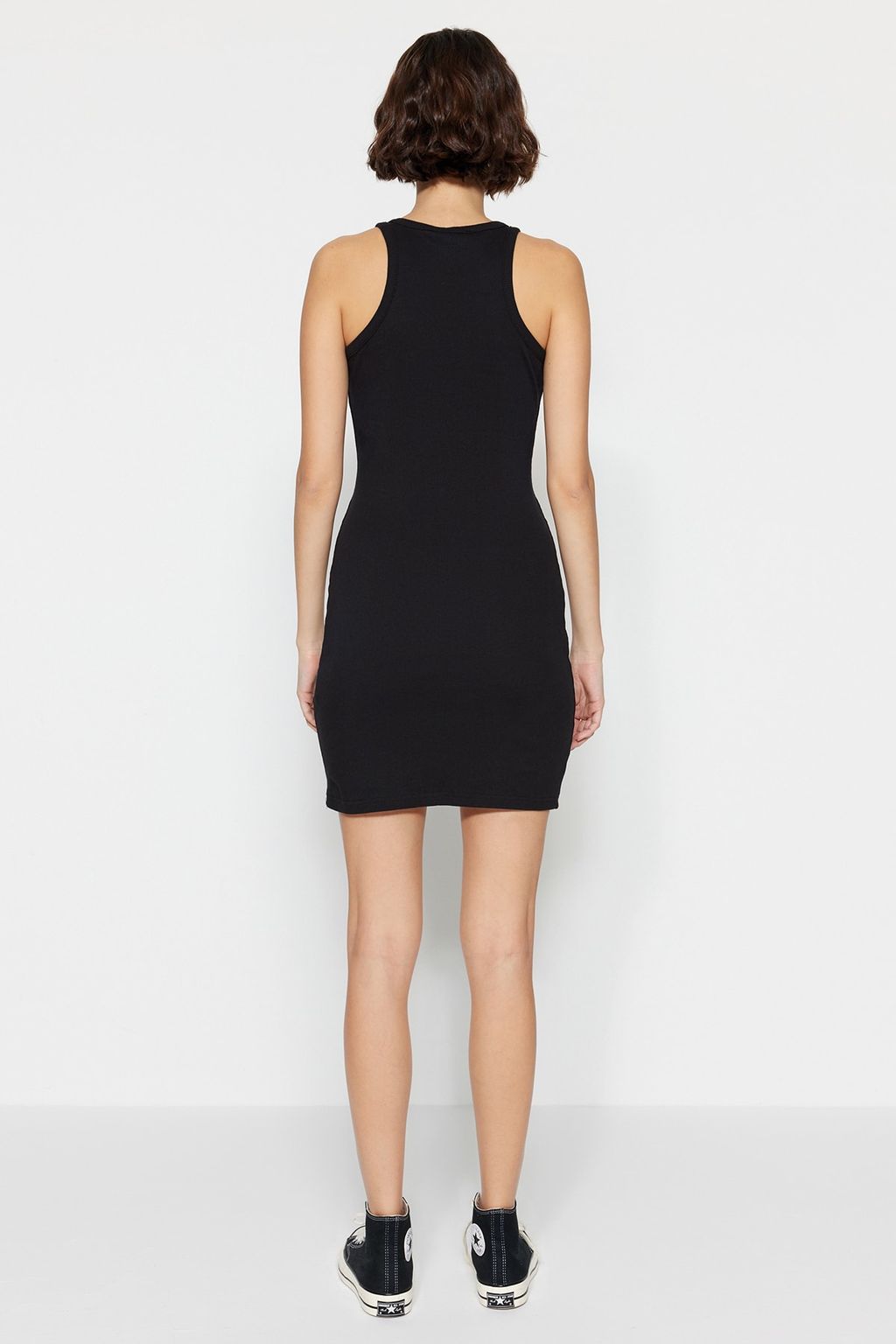 Siyah Fitilli Kollar? Volanl? Bodycone/Vucuda Oturan Esnek Mini Orme Kalem Elbise TWOSS23EL00303