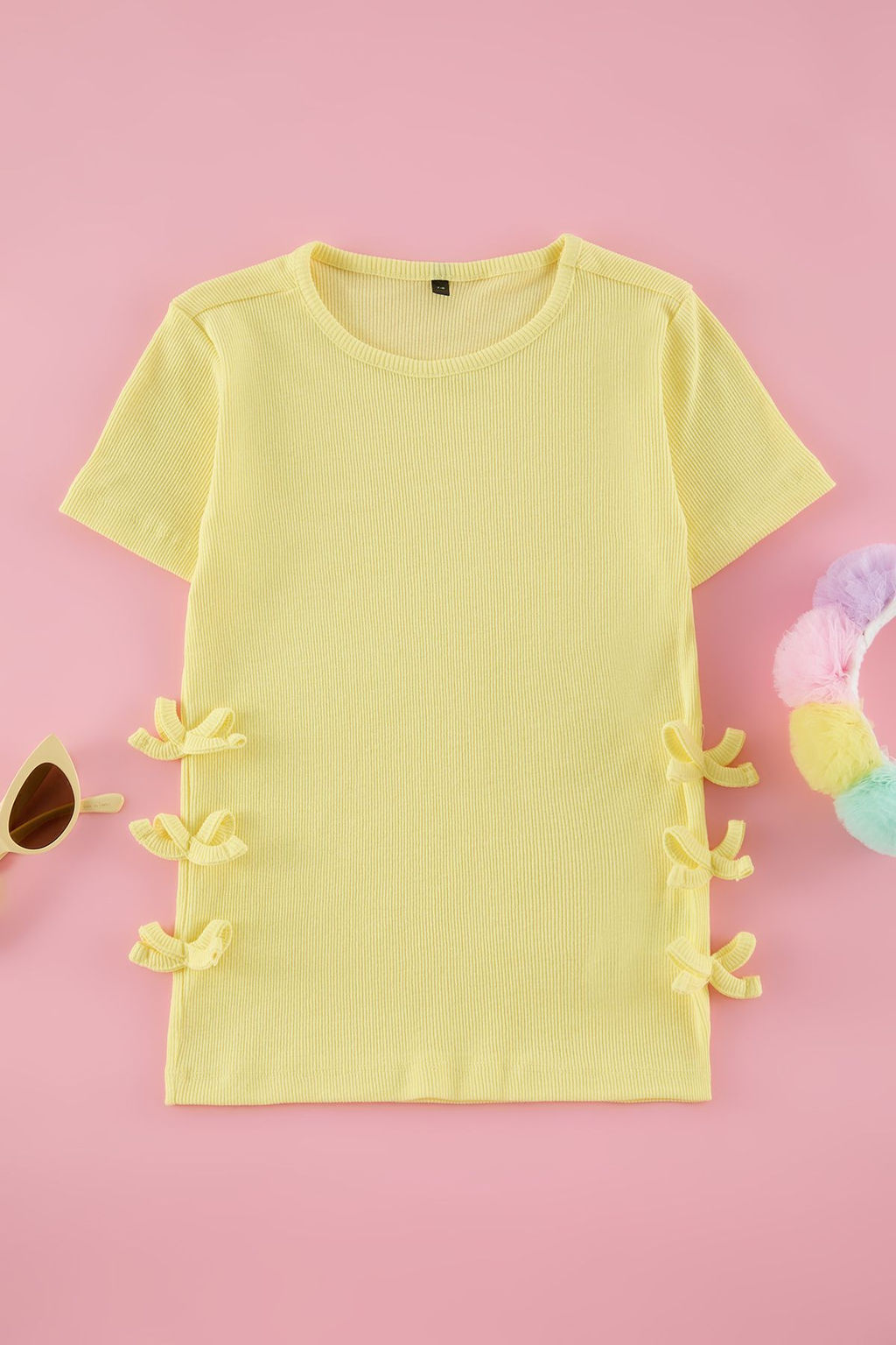 Sar? K?z Cocuk Pamuklu Regular Kal?p Fiyonk Detayl? K?sa Kol Orme T-Shirt TKDSS25TS00048 - Trendyolmilla фото 4