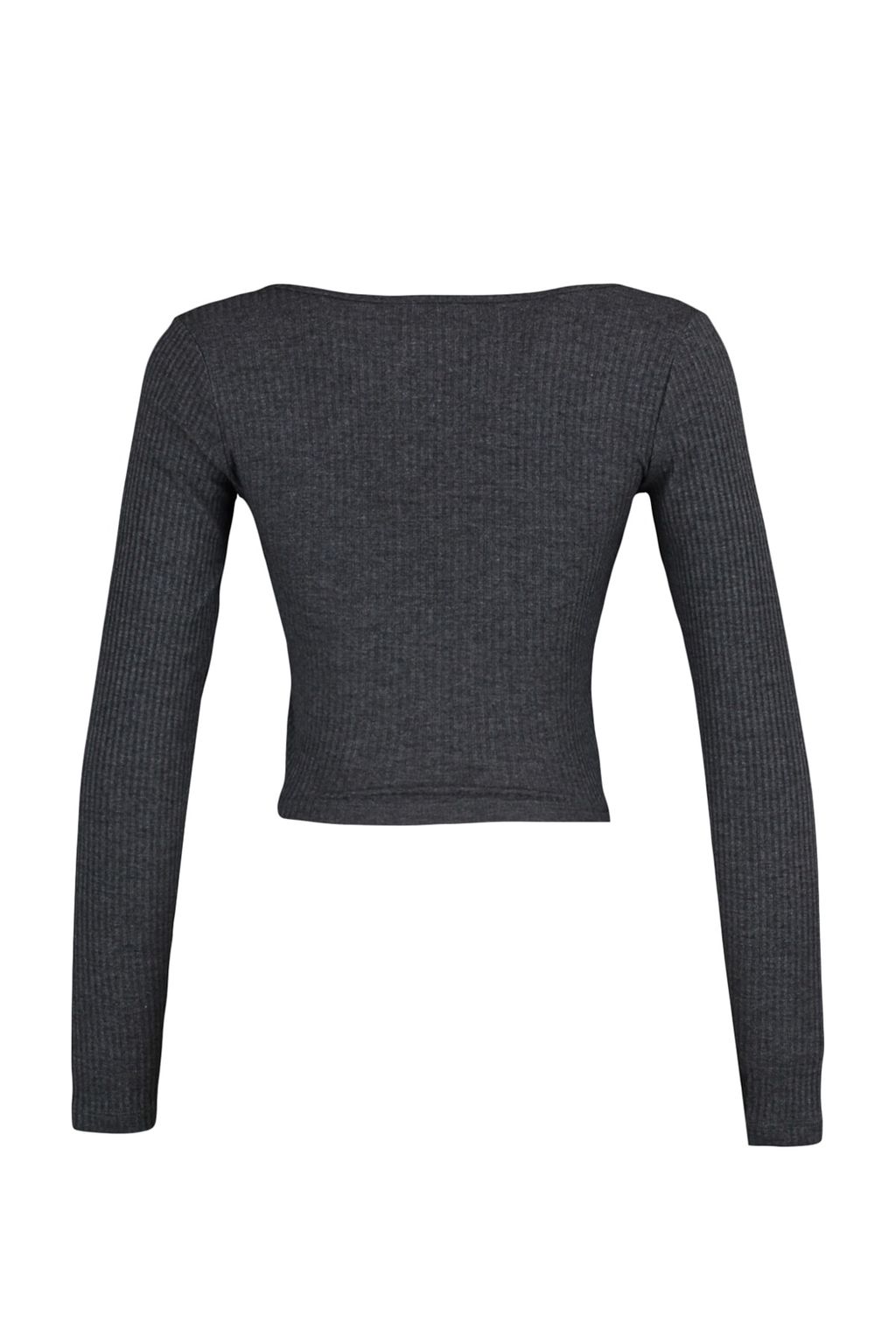 Antrasit Dugme Detayl? Kare Yaka Fitted/Vucuda Oturan Fitilli Esnek Crop Orme Bluz TWOAW23BZ00384