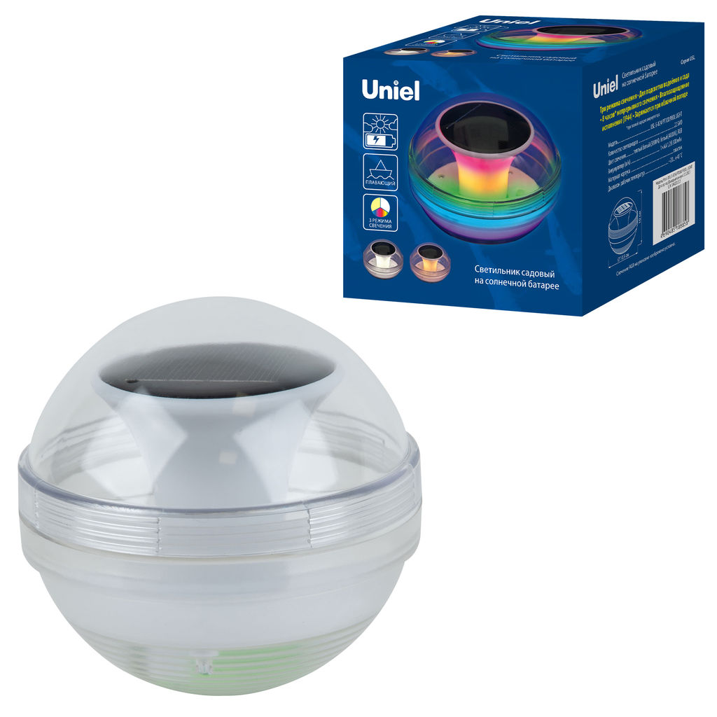 USL-S-824/PT100 POOL LIGHT Садовый светильник на солнечной батарее. Плавающий. 22 светодиода. RGB свет. Белый свет. Теплый белый свет. 1*АA Ni-Mh аккумулятор в/к. IP44. TM Uniel - Volpe фото 13