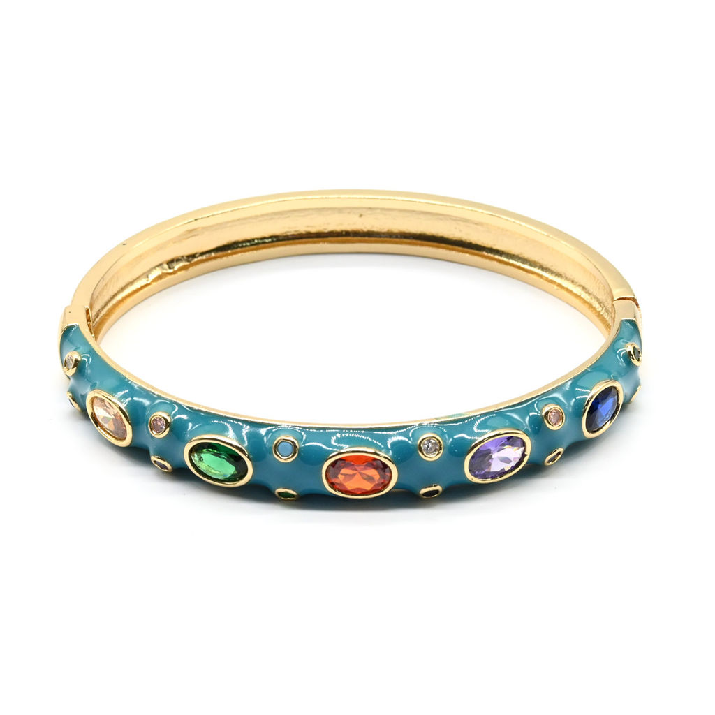 Браслет круглый с эмалью и цирконами цв.бирюзовый, 16,5см