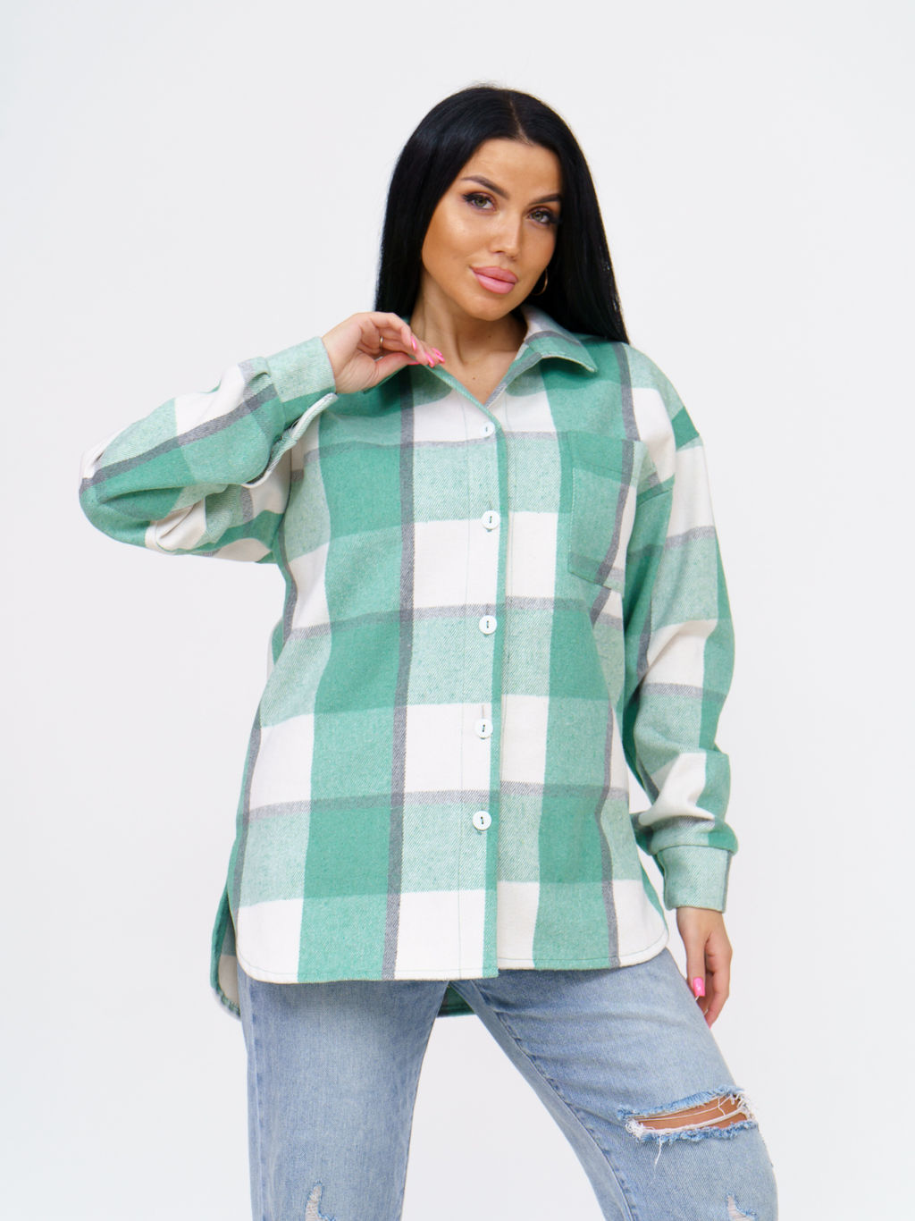 930 Туника-Рубашка "Клетка салатовая"