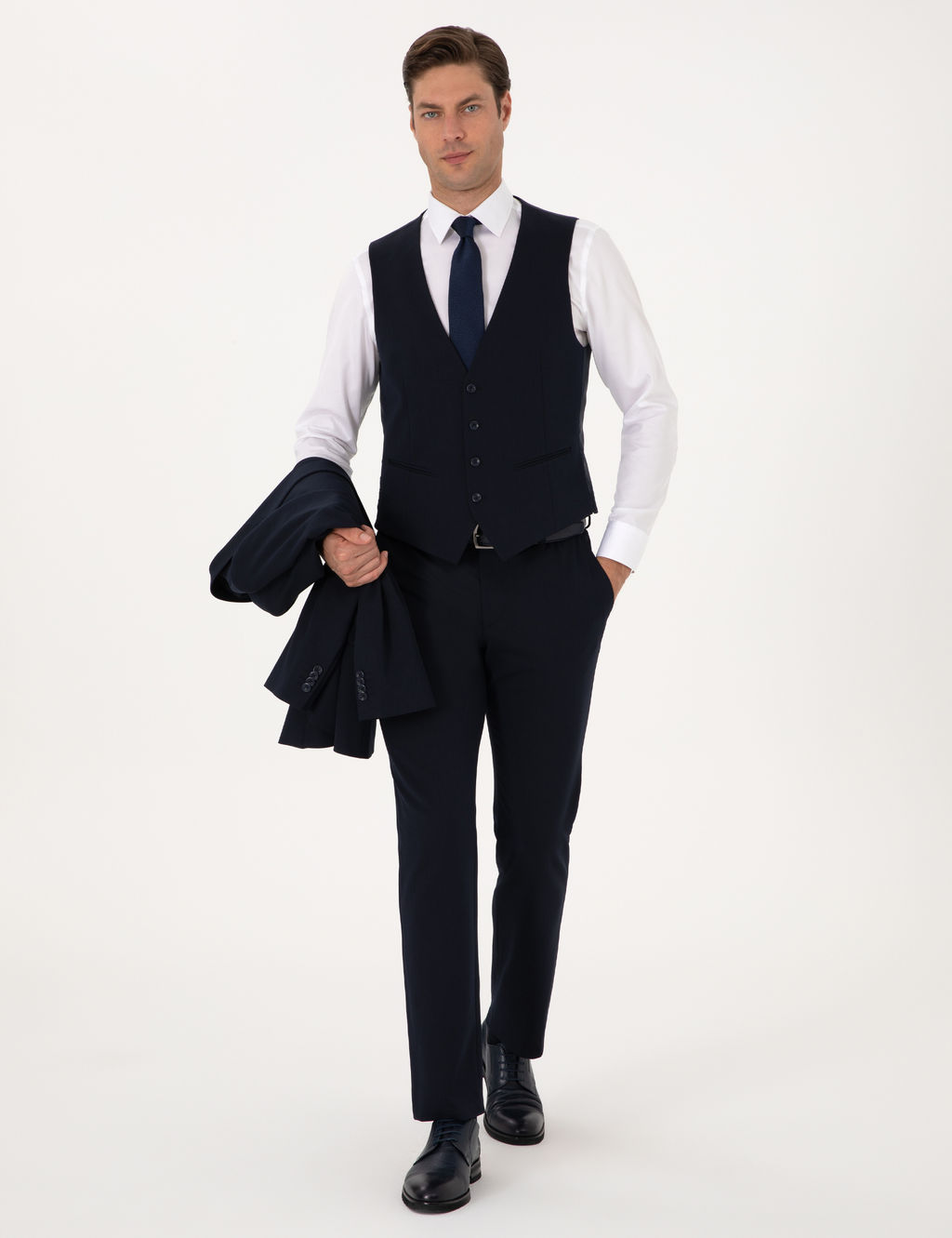 Lacivert Slim Fit Yelekli Tak_m Elbise