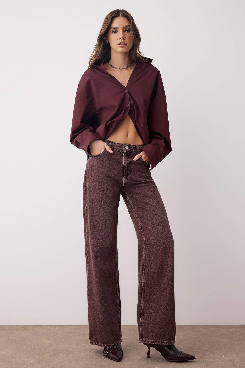 Bordo Yuksek Bel Vintage Y?kama Ozel Renk Denim Wide Leg/Genis Paca Jeans TWOAW26JE00110