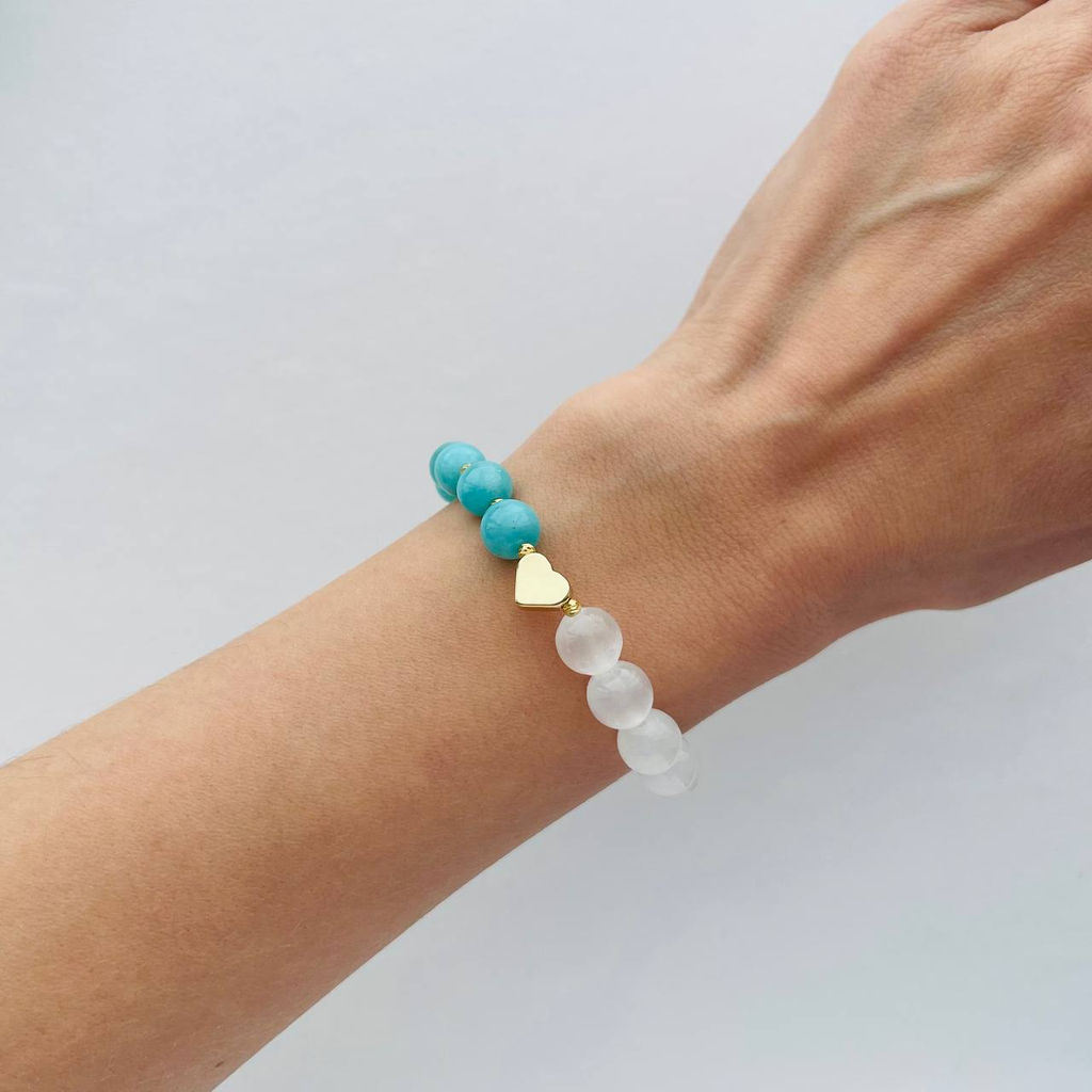 Браслет из Селенита и Амазонита со вставкой "Сердце" 17 см