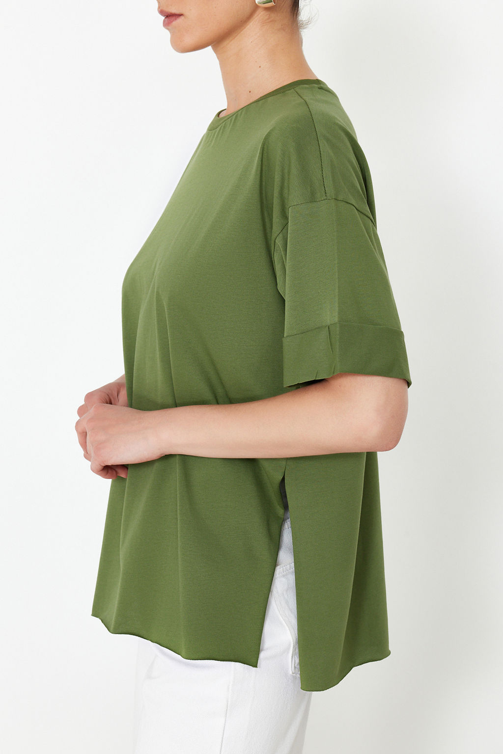 Haki %100 Pamuk Duble Kol Asimetrik Boyfriend Orme T-Shirt TWOSS20TS0828