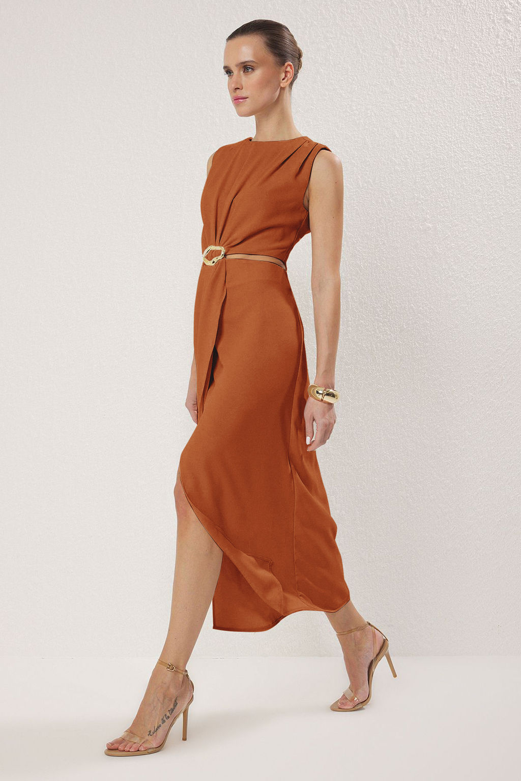 TRENDYOLMILLA Yag Yesili A Kesim Cut Out ve Aksesuar Detayl? Maxi Dokuma Krep Elbise TWOSS25EL00017 фото 41