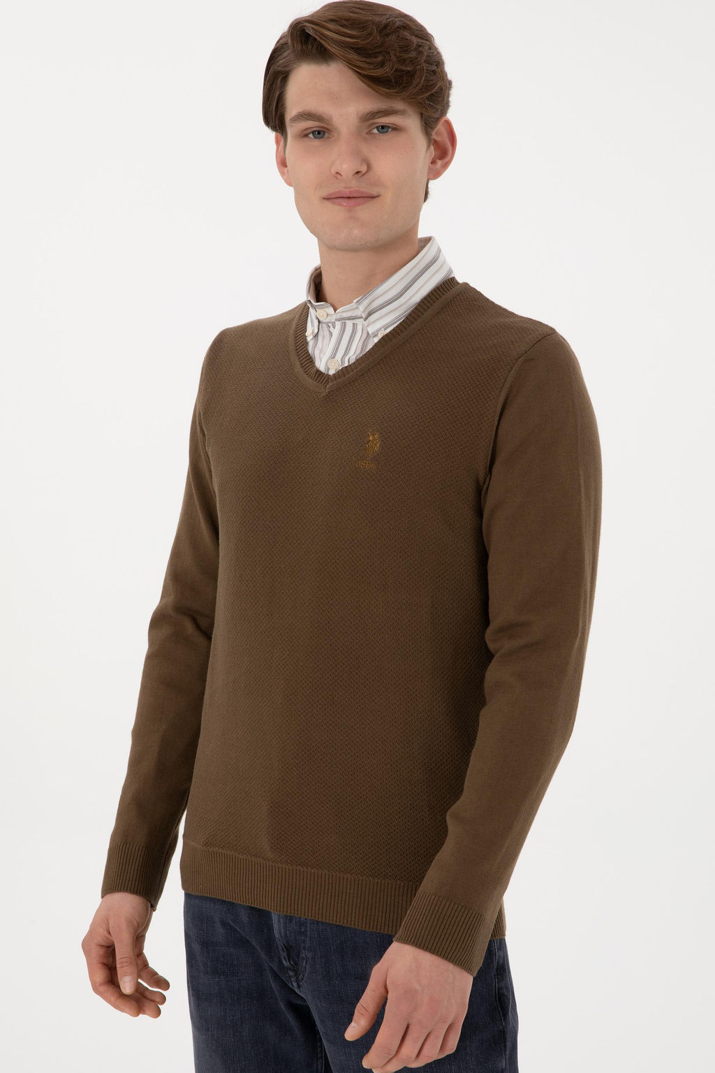 Erkek Slim Fit V Yaka Haki Basic Kazak