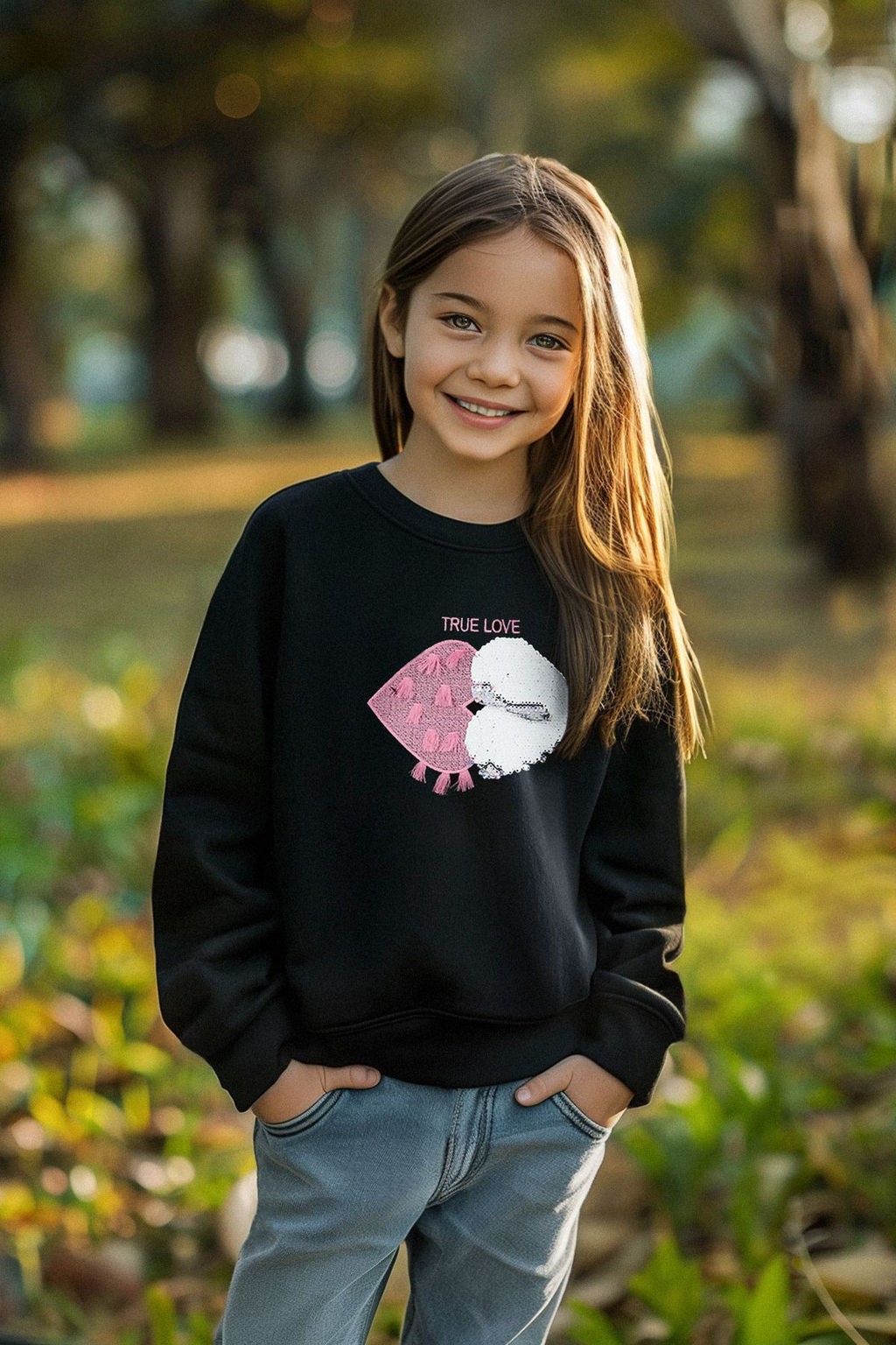 Siyah*001 K?z Cocuk Mevsimlik-Ince Kalp Desenli Orme Sweatshirt TKDAW25SW00001