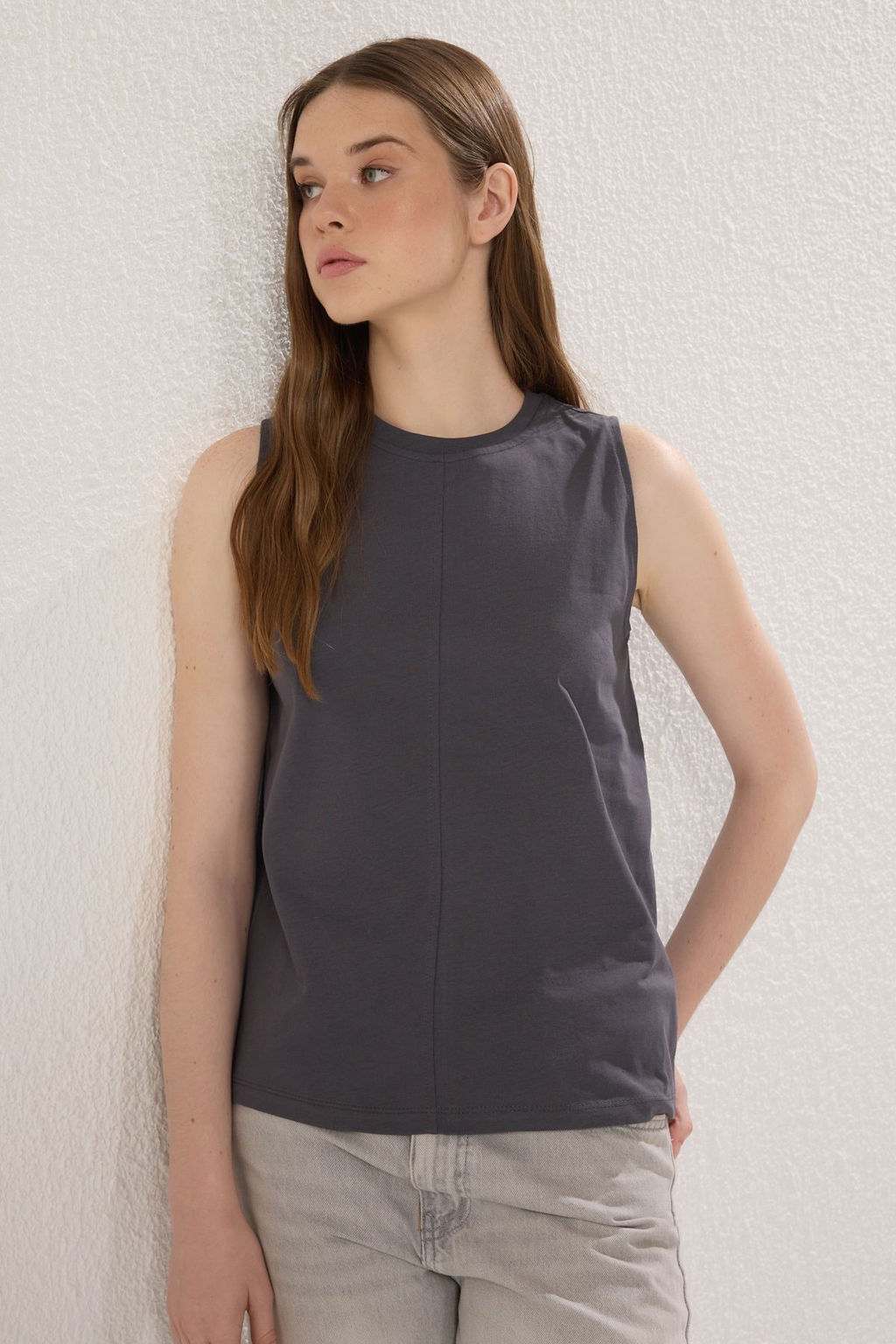 Antrasit %100 Pamuk Dikis Detayl? S?f?r Kol Bisiklet Yaka Orme Atlet TWOSS25AL00038