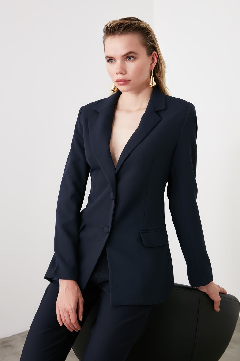 TRENDYOLMILLA Lacivert Regular Astarl? Dokuma Blazer Ceket TWOSS20CE0126  фото 12