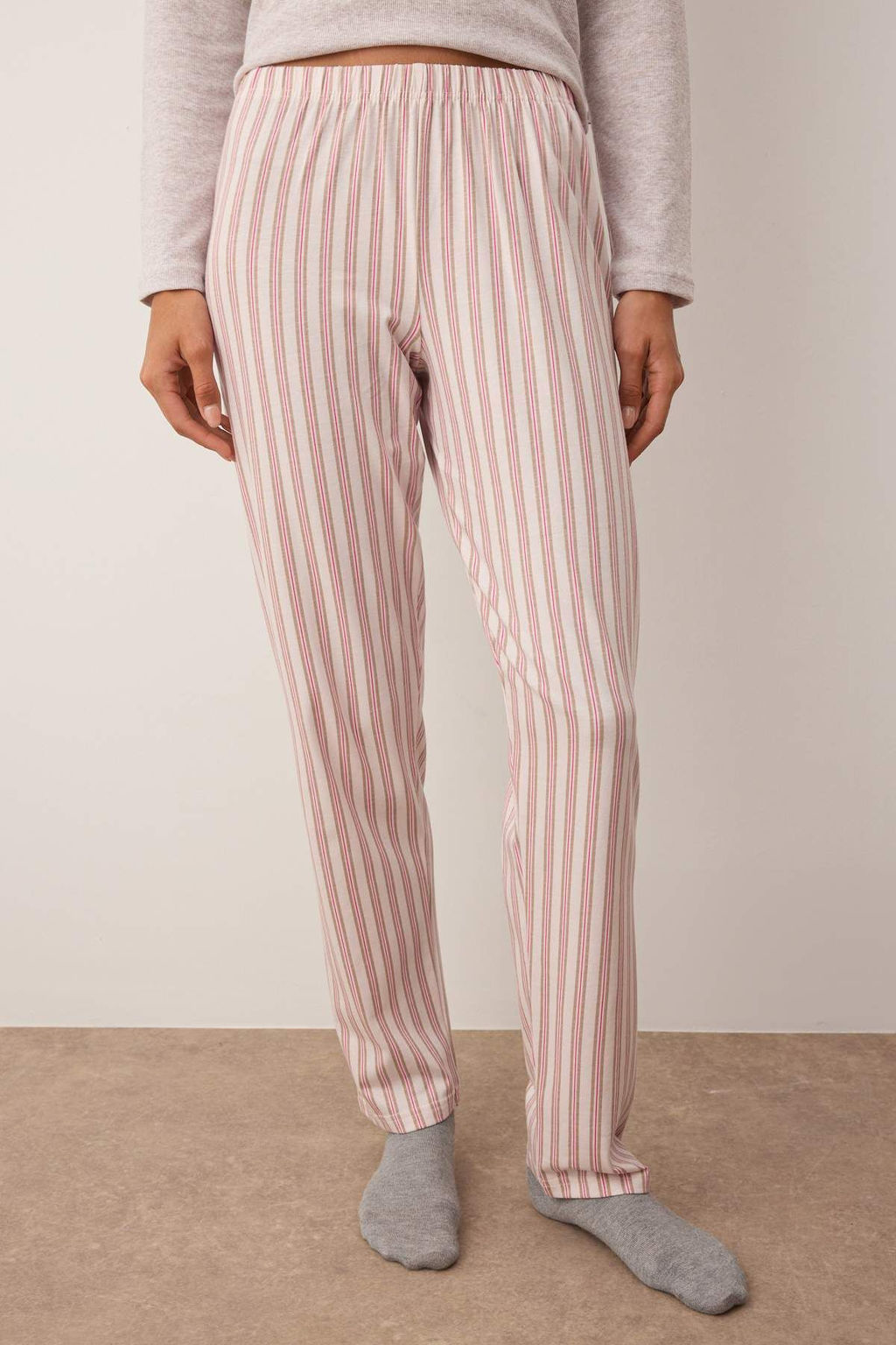 Bej-Pembe Ust Fitilli, Alt Pamuklu Cizgili Orme Pijama Tak?m? THMAW26PT00095 - Trendyolmilla фото 3