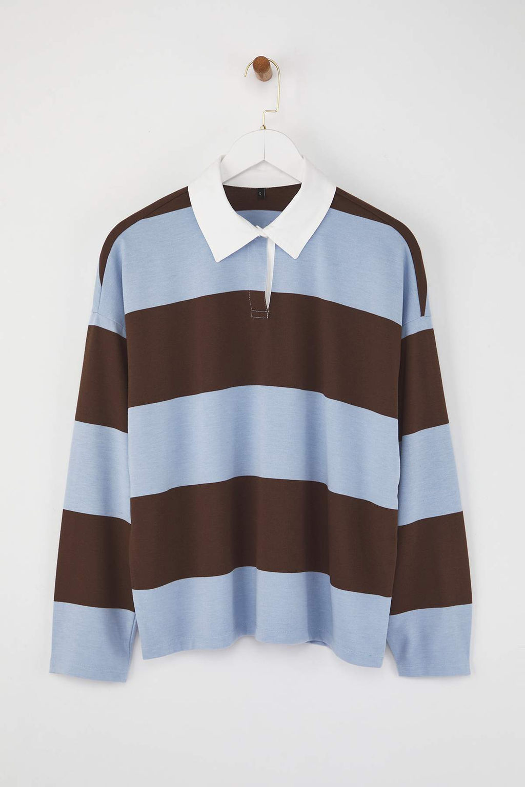 Kahverengi Cizgili Polo Yaka Oversize/Genis Kal?p Orme Sweatshirt TWOAW26SW00051