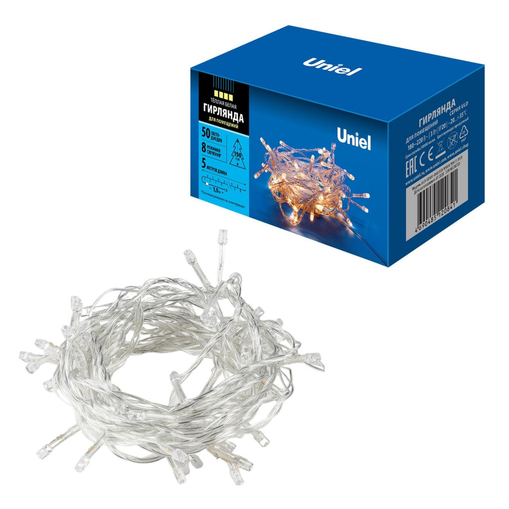 ULD-S0500-050/DTA WARM WHITE IP20 Гирлянда светодиодная с контроллером, 5м. 50 светодиодов. Теплый белый свет. Провод прозрачный. ТМ Uniel - Volpe фото 8