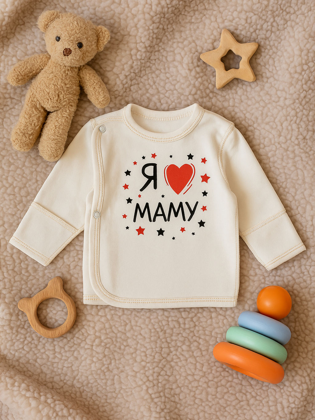 Распашонка ясельная молочная с принтом  "Я люблю маму "