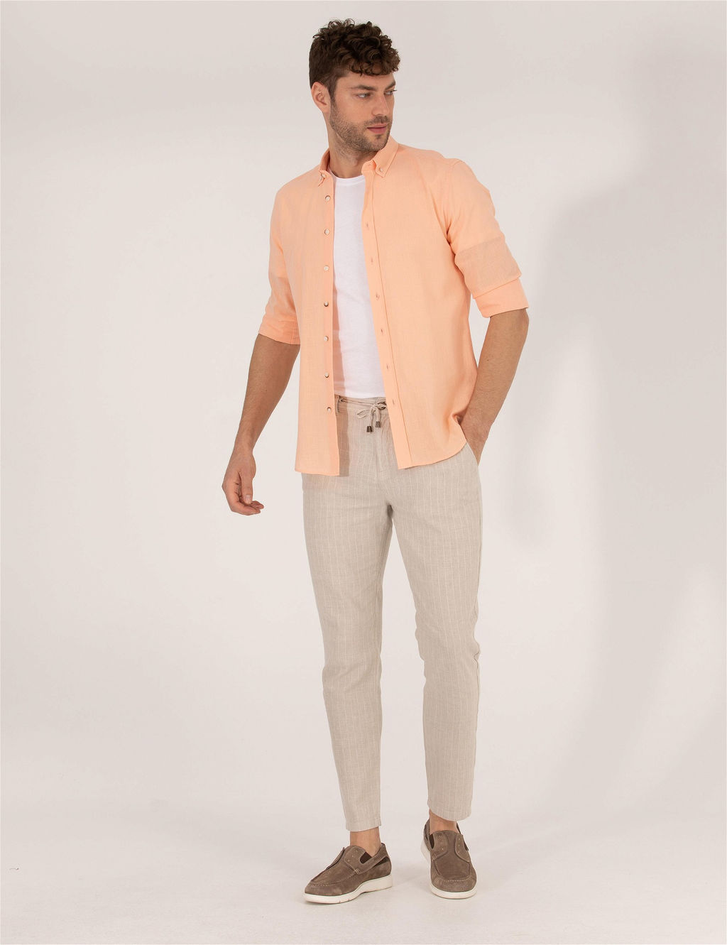 Bej Carrot Fit Beli Lastikli Keten Kar___ml_ Kanvas Pantolon