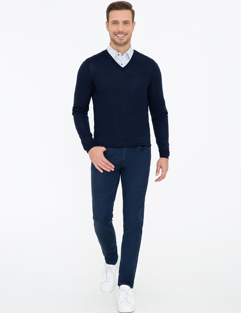 Базовый трикотажный свитер узкого кроя темно-синего цвета с v-образным вырезом - Cacharel фото 10