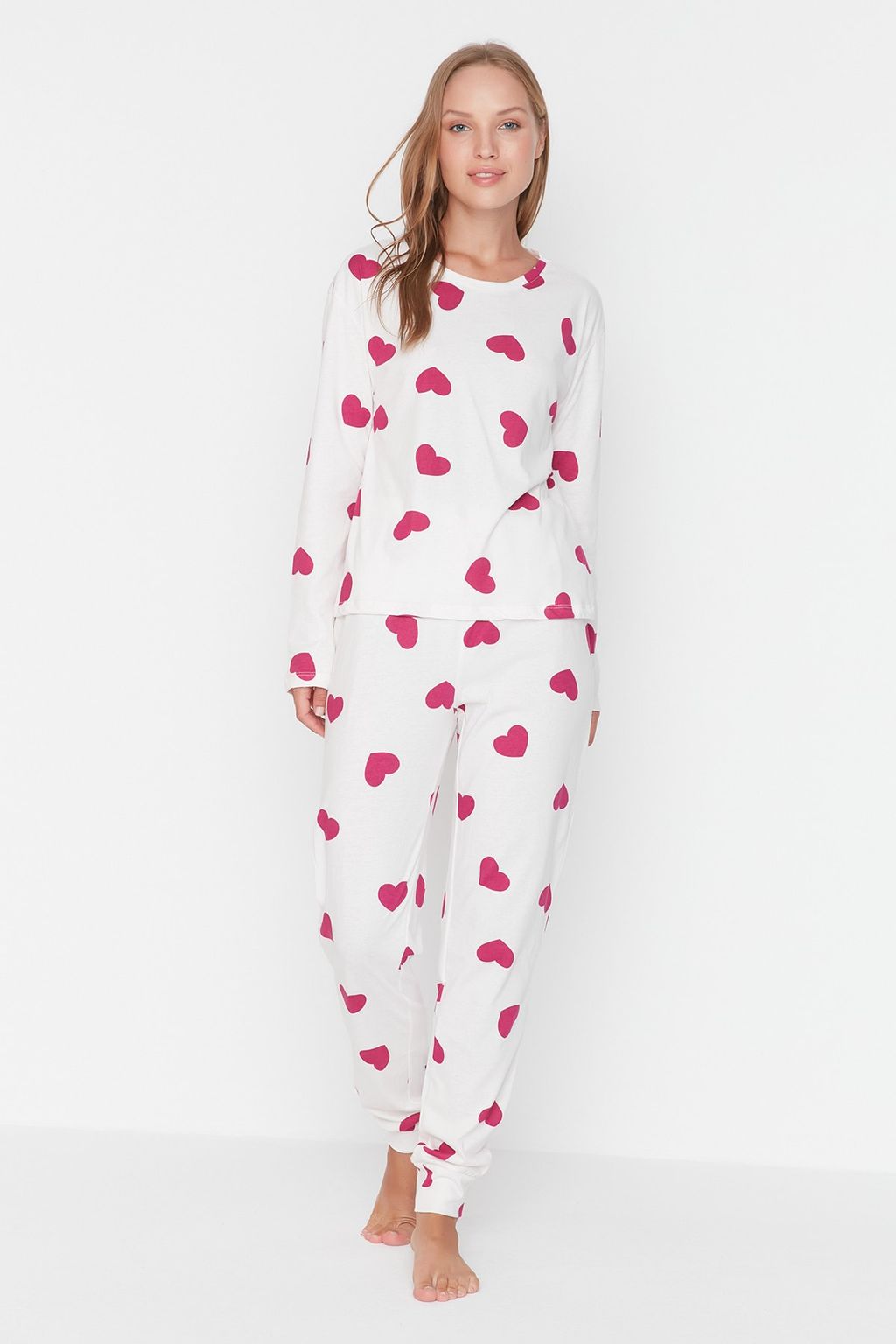 Ekru %100 Pamuklu Kalpli Orme Pijama Tak?m? THMAW21PT0566