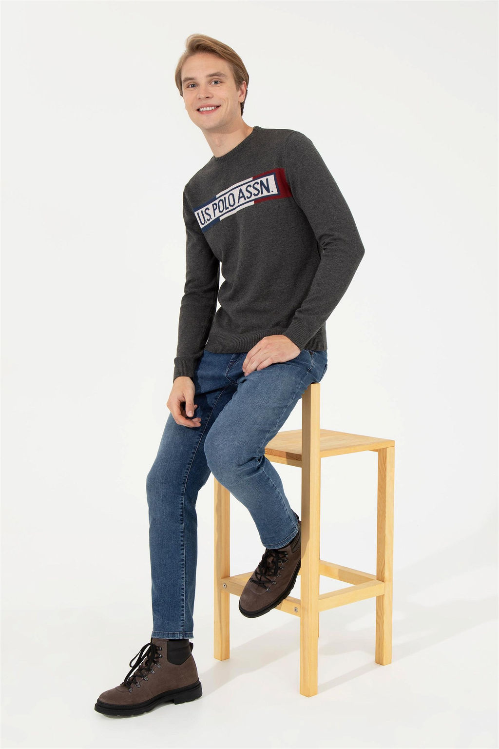 U. S. Polo Assn Мужской трикотаж антрацитового меланжевого цвета с круглым вырезом - U.s. polo assn фото 9