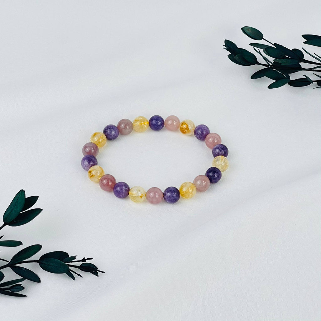 Браслет из Цитрина, Розового кварца и Лепидолита 18 см