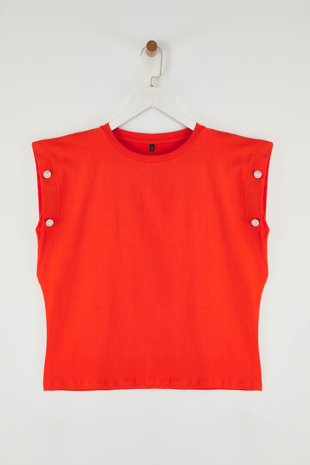 Turuncu %100 Pamuk Z?mba Detayl? Vatka Gorunumlu Relaxed Bisiklet Yaka Orme T-Shirt TWOSS23TS00016