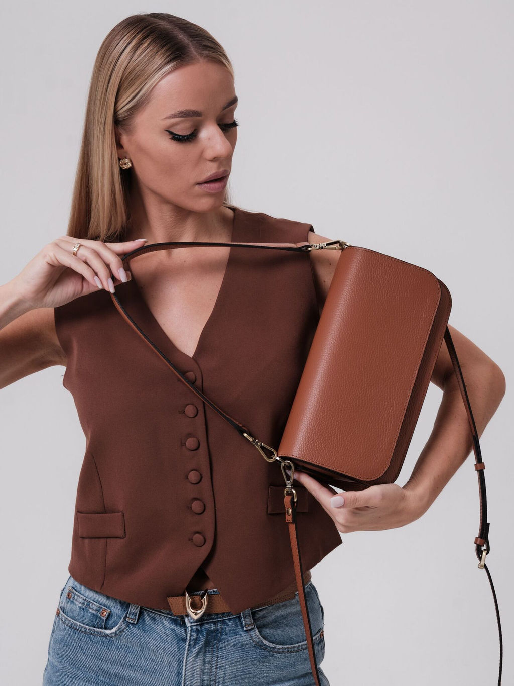 Сумка кожаная багет Deboro 30138 коричневый камень