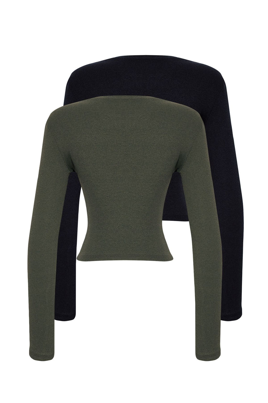 Siyah-Haki 2li Paket Fitted/Vucuda Oturan Bisiklet Yaka Crop Fitilli Esnek Orme Bluz TWOAW22BZ0331