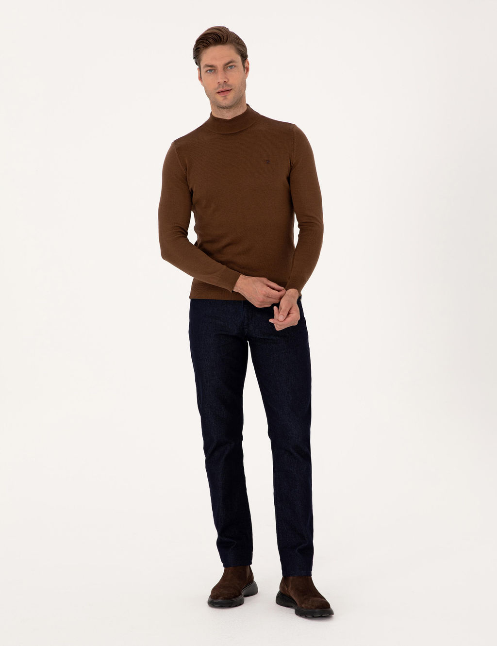Koyu Kahverengi Slim Fit Yar_m Bal_k__ Yaka Basic Triko Kazak - Pierre cardin фото 4