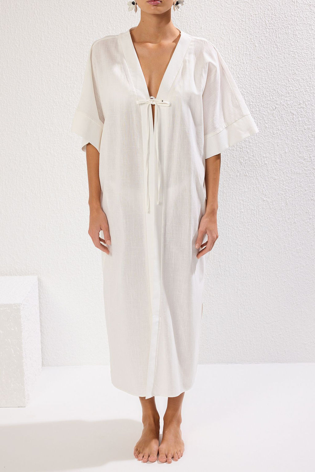 Ekru Maxi Dokuma Baglamal? Flaml? Pamuk Plaj Kimono&Kaftan TBESS25KM00017 - Trendyolmilla фото 4