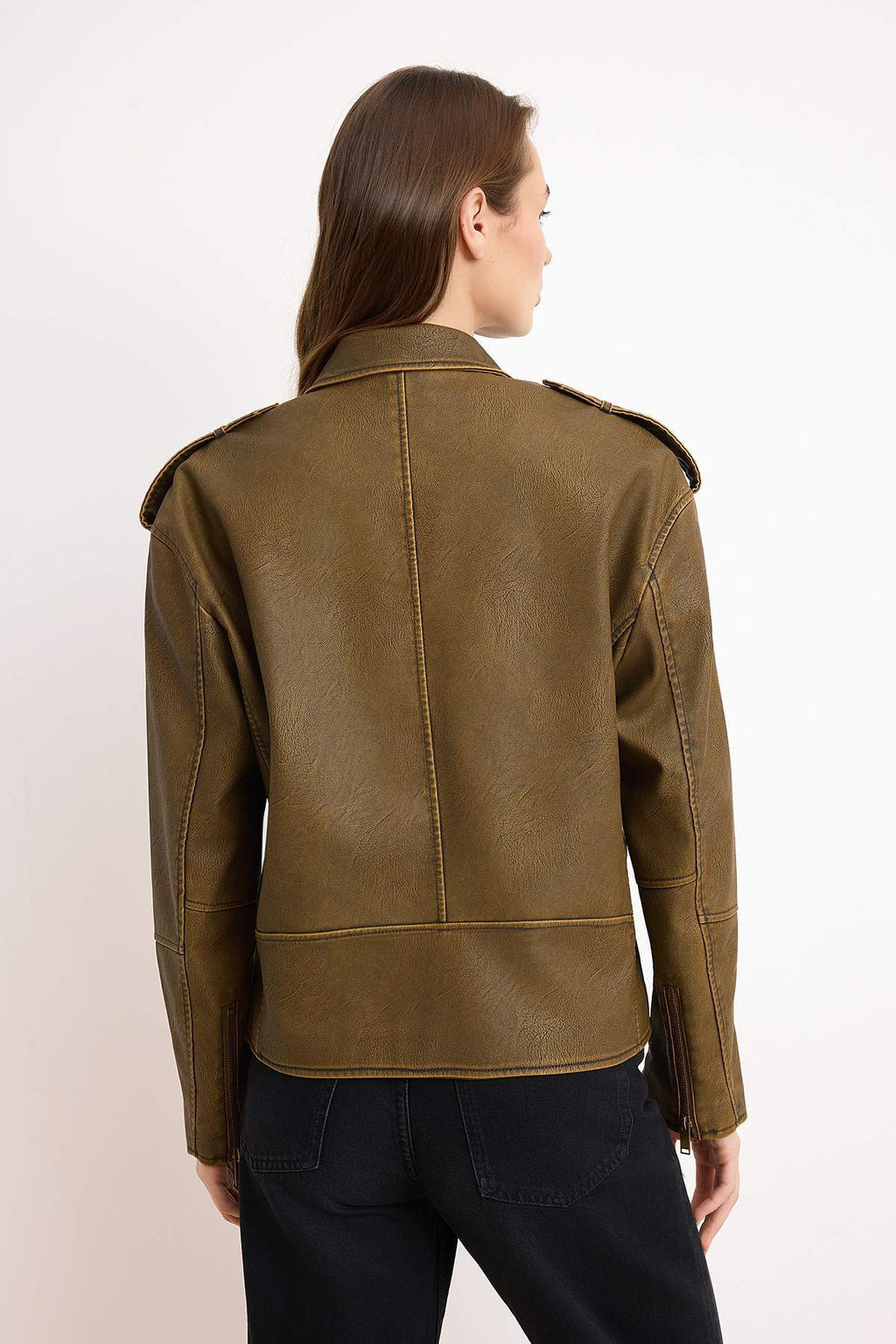 Kahverengi Oversize Kal?p Y?kama Efekctli Suni Deri Biker Ince Ceket Mont TWOAW25MO00010 - Trendyolmilla фото 15