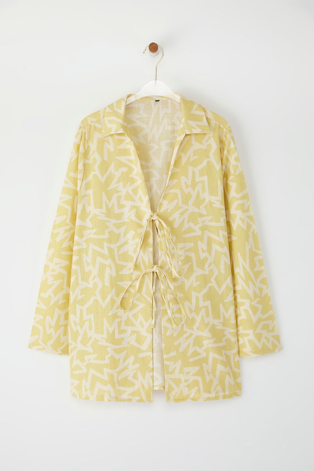 Trendyolmilla Geometrik Desenli Dokuma Baglama Detayl? 100% Pamuk Plaj Gomlek TBESS25GO00024  фото 5