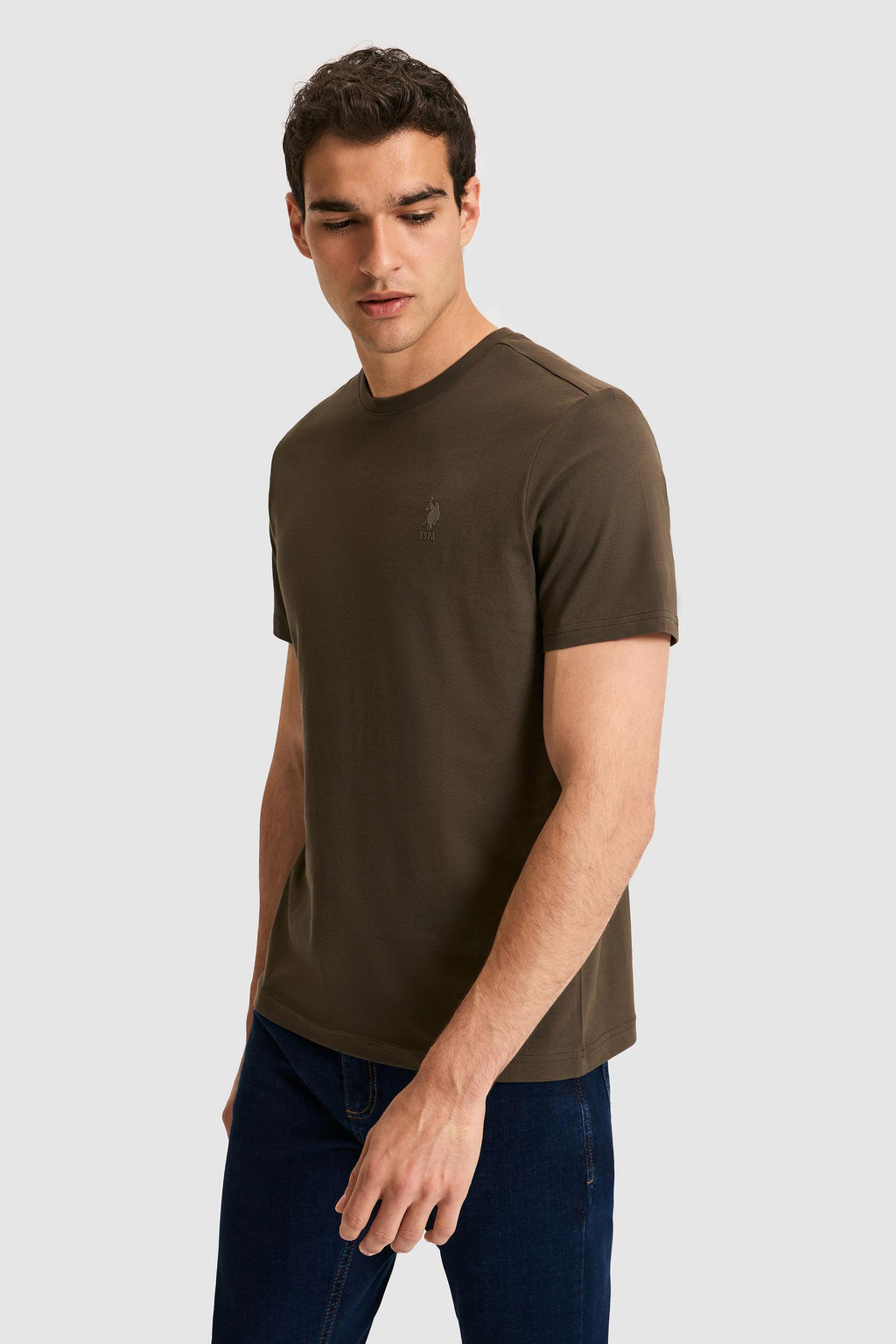 Erkek Regular Fit Bisiklet Yaka Koyu Haki Basic Ti__rt
