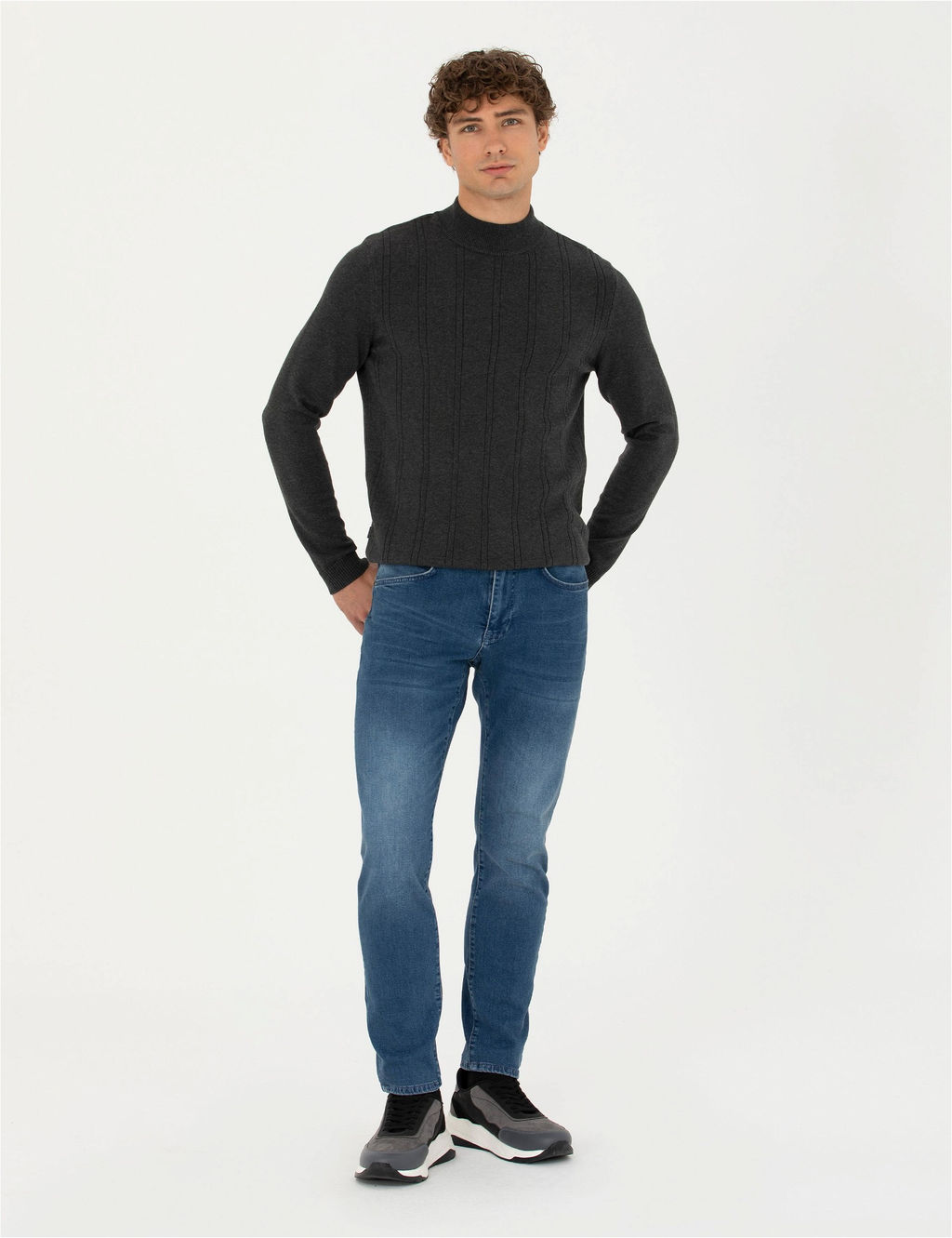 Antrasit Melanj Slim Fit Yar_m Bal_k__ Yaka Triko Kazak - Pierre cardin фото 4