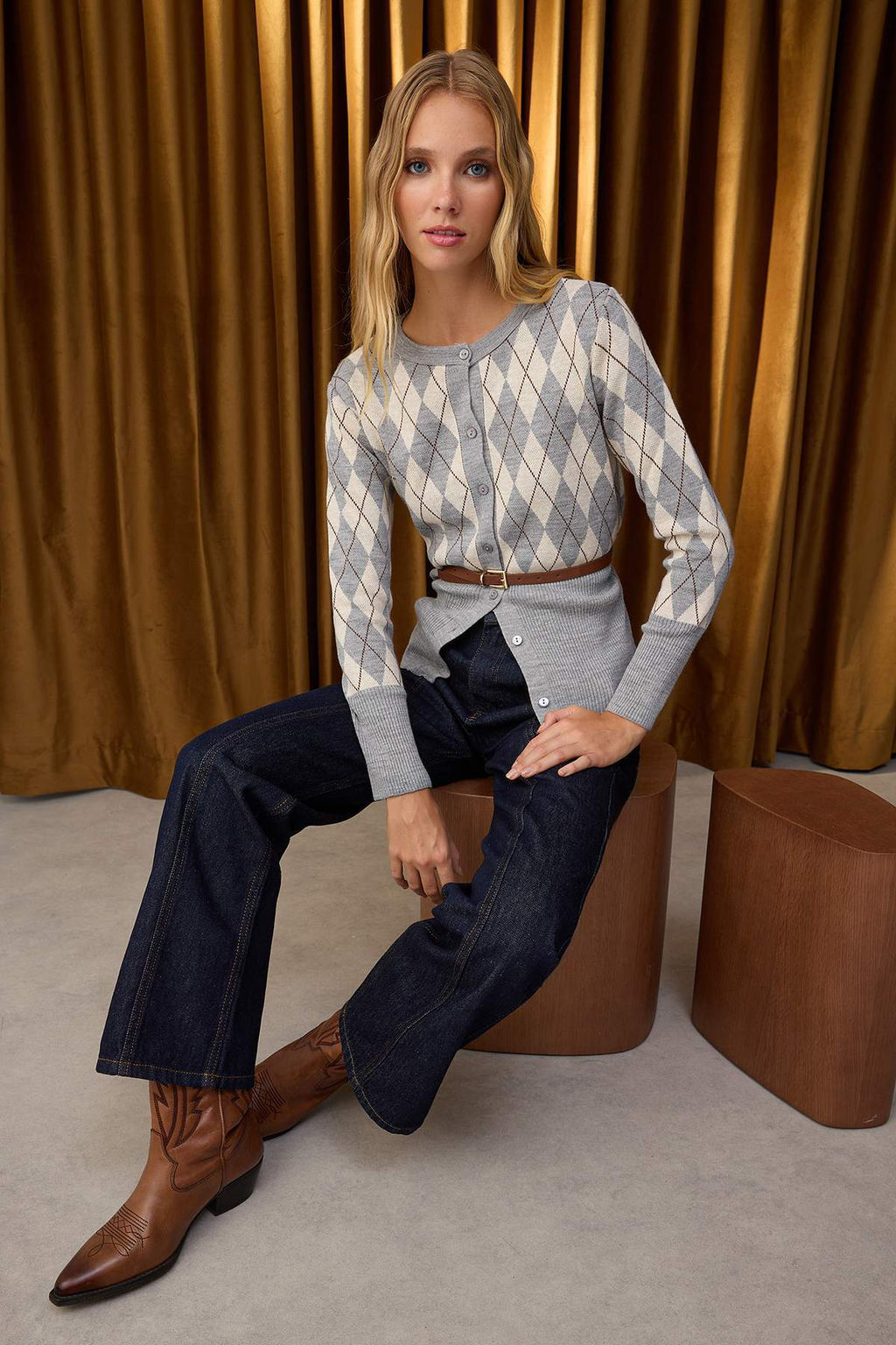 Gri Baklava Desenli Kemerli Triko H?rka TWOAW26HI00150 - Trendyolmilla фото 2