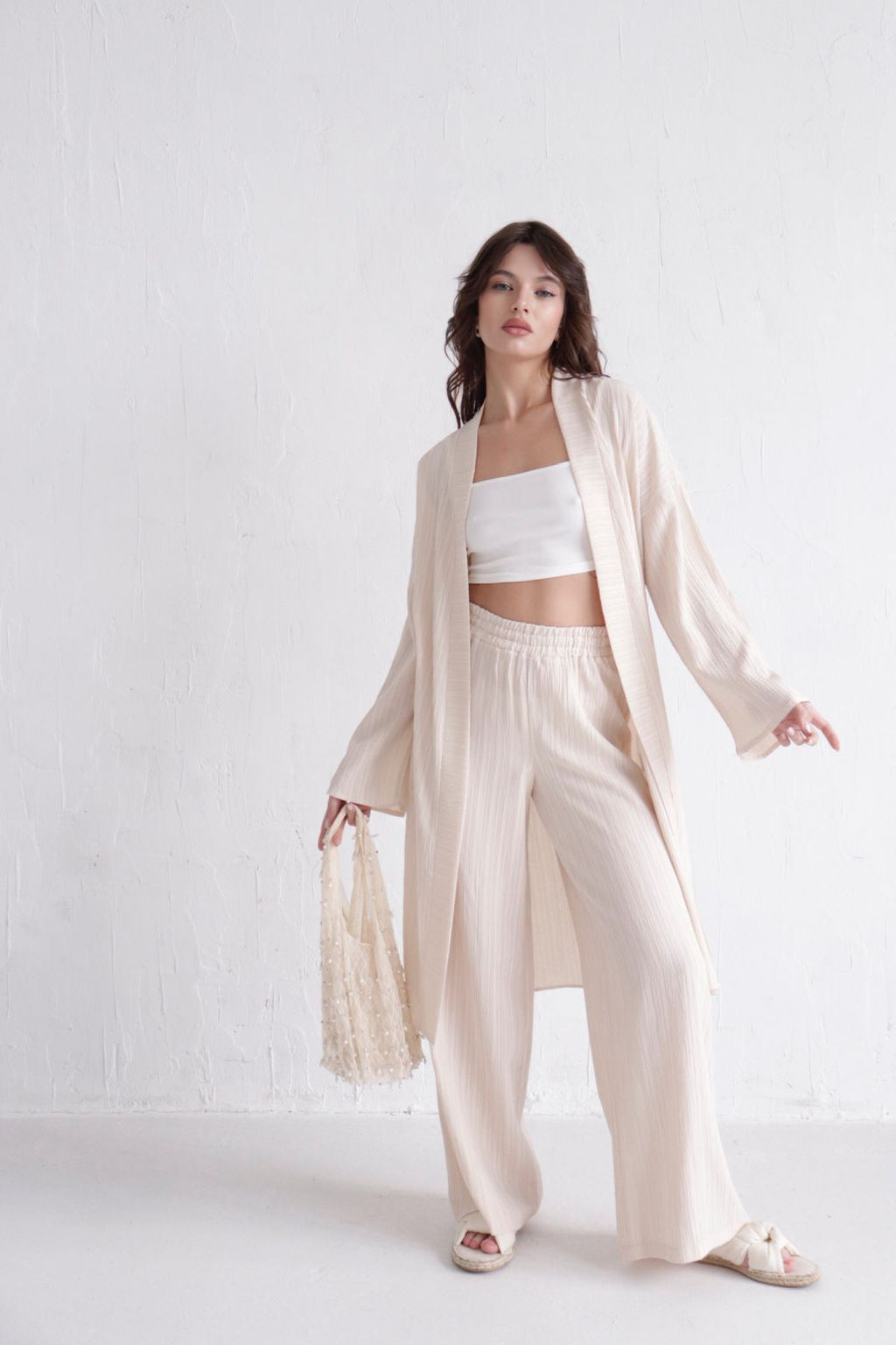 9537 Костюм из кимоно и брюк-палаццо кремовый - Martichelli фото 2