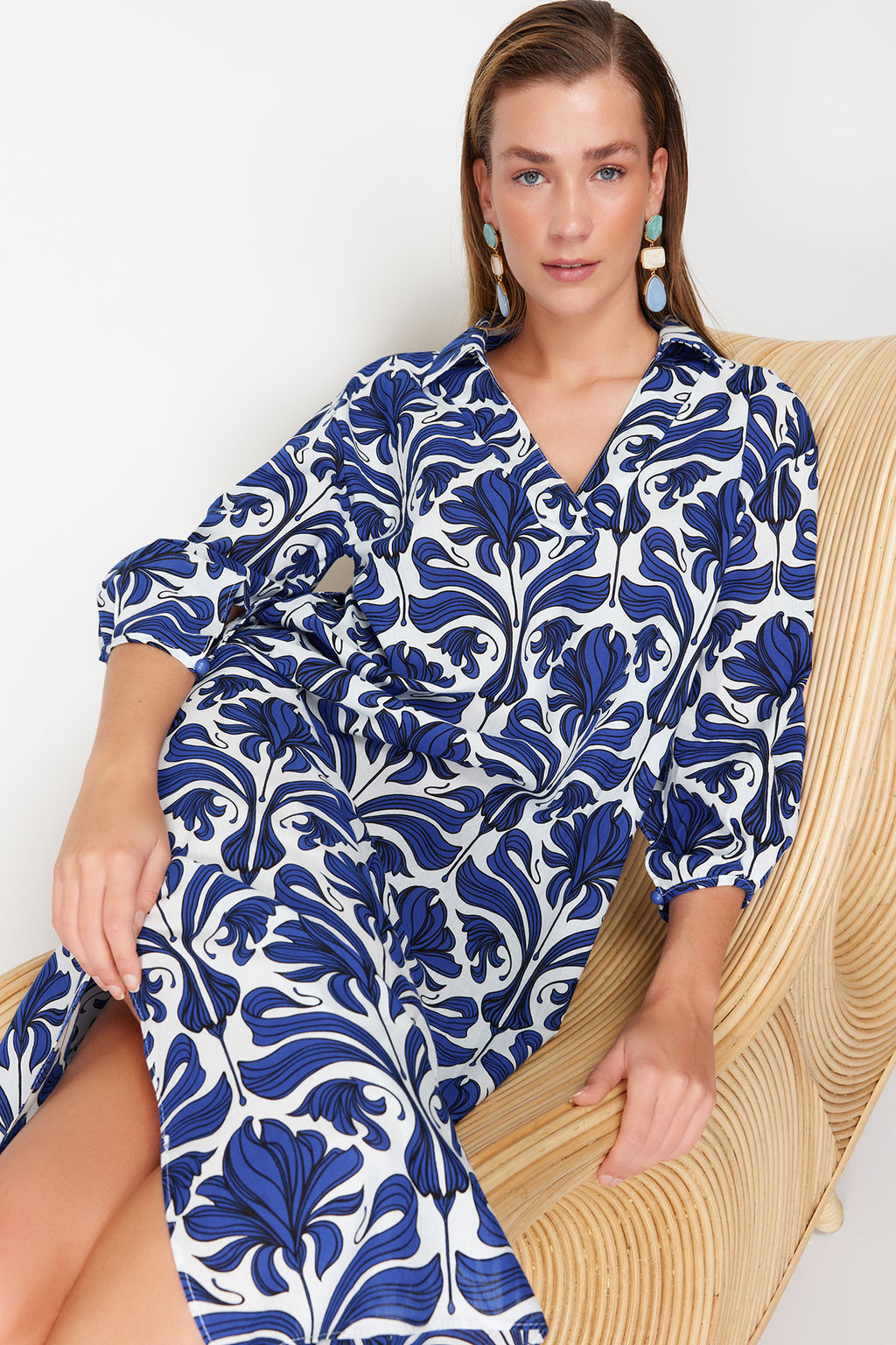 Etnik Desenli Genis Kal?p Dokuma %100 Pamuk Midi Plaj Elbisesi TBESS22EL0009